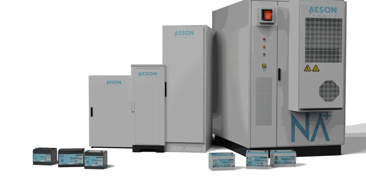 The AESON Power product family: StratoForse automotive batteries, the 19-inch rack-mount ESS units revolving on a display plinth, the ECO cabinet range and the HaloDyne-HV storage cabinet.