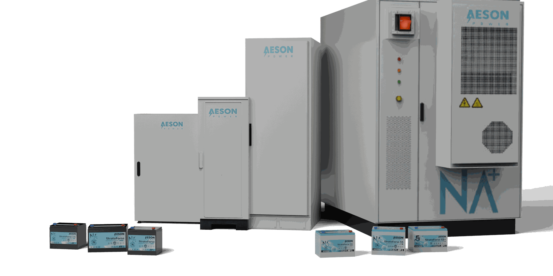 The AESON Power product family: StratoForse automotive batteries, the 19-inch rack-mount ESS units revolving on a display plinth, the ECO cabinet range and the HaloDyne-HV storage cabinet.
