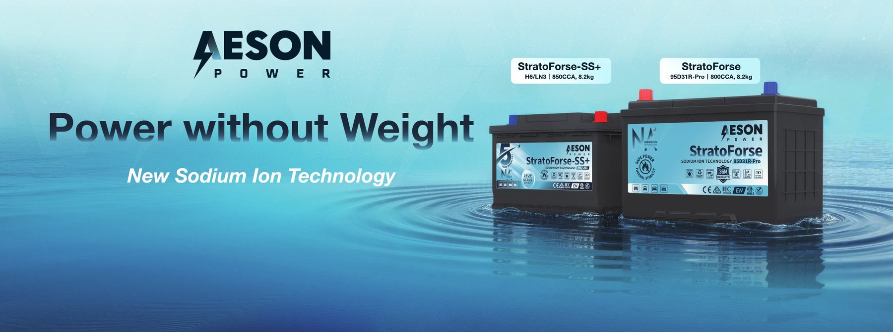 Aeson Power banner reading 'Power without Weight - New Sodium Ion Technology', showing the StratoForse-SS+ H6/LN3 and StratoForse 95D31R-Pro batteries resting on rippling water.